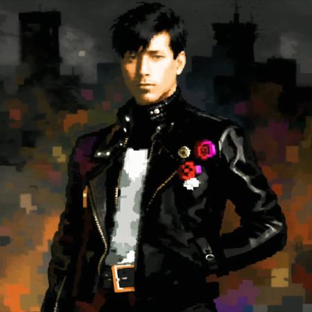 <lora:seleznev_trixel_art:1>, seleznev_trixel_art,  drawing, blur, pixelated, glitch, 


1man, bachelor, black gloves, black hair, black jacket, brooch, leather, leather gloves, leather jacket, short hair, solo,