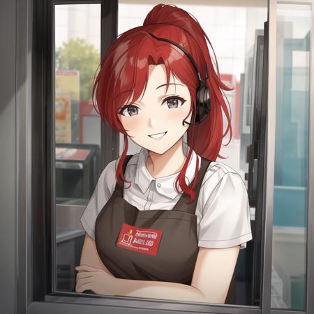 A red-haired woman, drive-thru window, ponytail hairstyle, smiling, wearing a black apron, close-up, headset, extremely detailed, <lora:Drive-Thru Window:0.7>