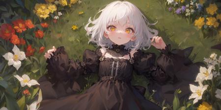 Cinematic, Fancy effects, Petite, Intricate details, Solo, 1 girl, Small girl, (White hair + Curved bob : 1.2), Detailed yellow eyes, Large hip, Black gothic dress, Lying, Flower garden, (Close up on face:1.0), Ultra wide shot