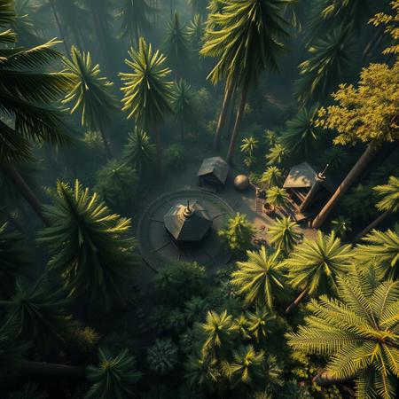 top down view of a sci fi indigenous peoples settlement in a forest (up close, flora, masterpiece sci-fi dark gritty hyperrealisitic concept art 8k) , dappled light forest