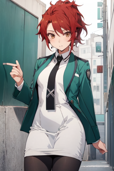 ErikaChiba, 1girl, solo, short hair, red eyes, white dress, brown eyes, green jacket, ponytail, pantyhose, red hair, black necktie, school uniform 