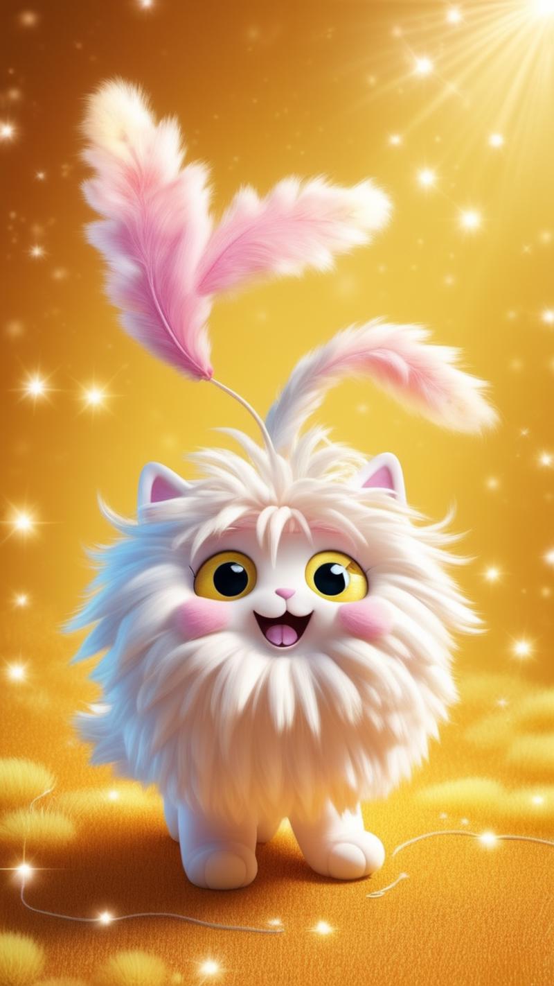 A cute white fluffy cat with pink ears and yellow eyes standing on a yellow background.