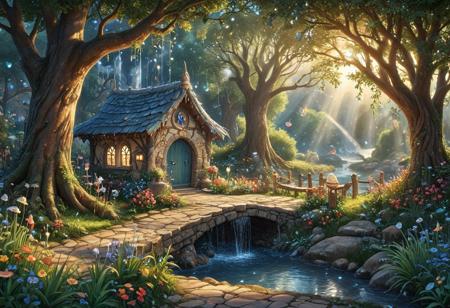 (Isekai anime style.Anime coloring.(0.9))In a whimsical world, a beautiful fairy garden blooms with vibrant flowers and sparkling fountains. A delicate, crystal bridge spans a gentle stream, leading to a majestic tree with leaves that shimmer like diamonds. A friendly, fluffy rabbit hops along the winding path, surrounded by fluttering butterflies and sweet, singing birds. The garden is filled with hidden treasures, like a tiny, glowing fairy door and a secret, shimmering cave. A soft, fluffy cloud drifts lazily across the sky, casting a warm, gentle shadow over the garden. The air is filled with the sweet scent of blooming flowers and the soft, soothing sound of gentle chimes. It's a peaceful, magical place where dreams come alive and wonder waits around every corner.master_class,master_piece,up_8,up_9,perfect beautiful,perfect beautiful early morning light.