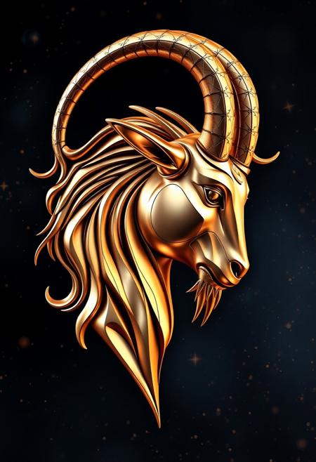 A highly detailed and intricate 3D abstract profile picture of Capricorn zodiac sign. The design should be modern and sophisticated, using a combination of metallic colors . The background should be with subtle cosmic elements, enhancing the mystical and astrological theme. The overall style should be a blend of futuristic and organic, with a high level of abstraction and artistic flair. Highest-Quality, 4k, intricate details, visually stunning, Masterpiece