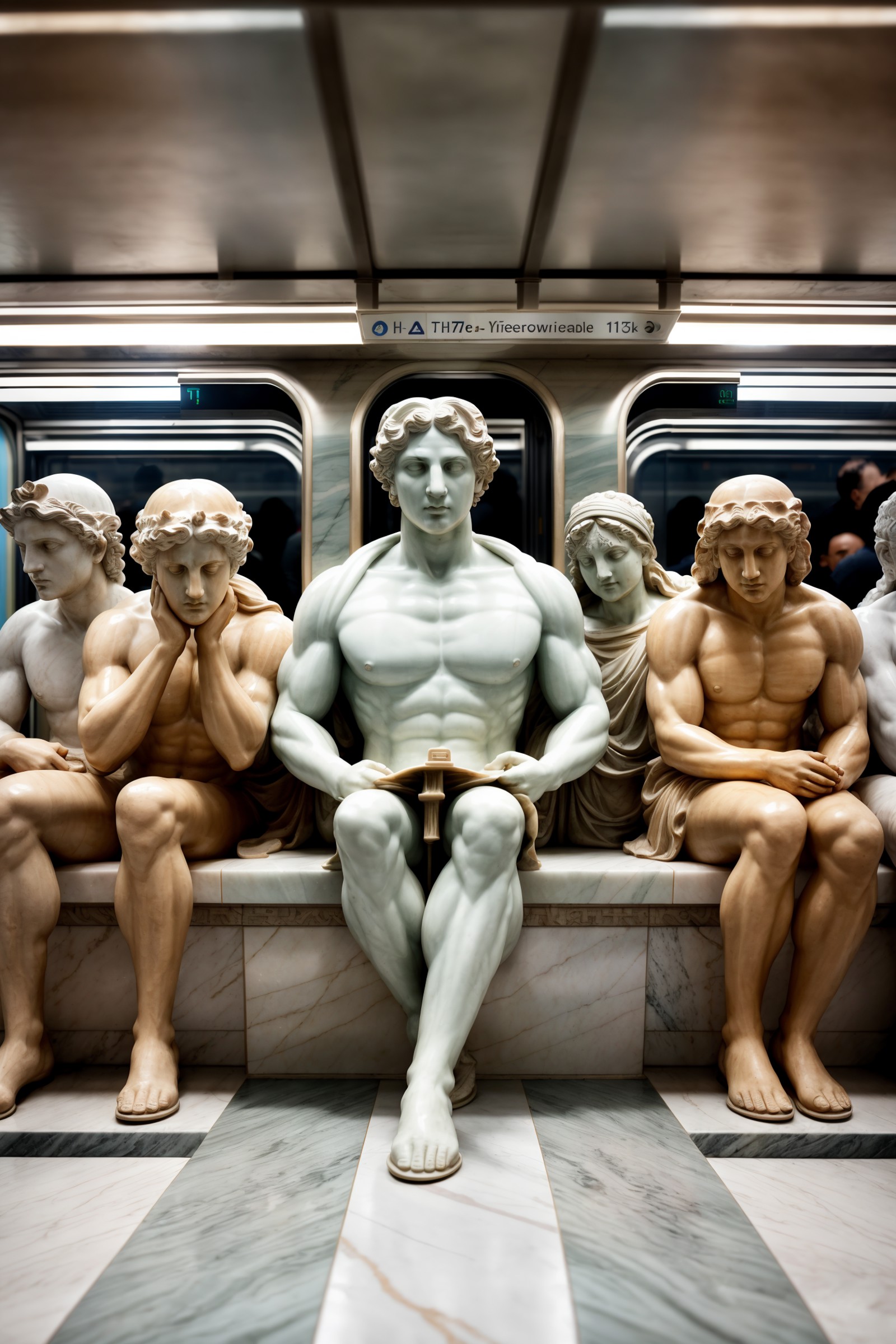 Wide angle hyper-realistic sculpture, (Greek marble statues in crowded subway:1.2), Chaotic composition, Sitting figures, ...