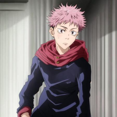 1 boy, solo, tall, in hoodie, tall, cowboy shot, hands in pocket, pink hair, looking at viewer, jujutsu kaisen, itadori yuji, screencap style, <lora:Yujii:1>