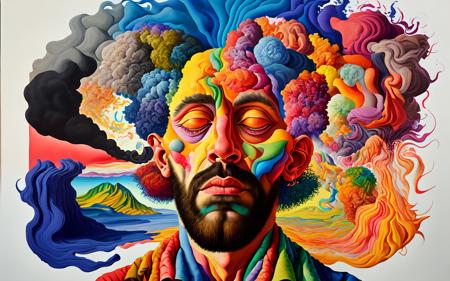 surreal gouache portrait painting of a man opening the fabric of creation, vivid colors