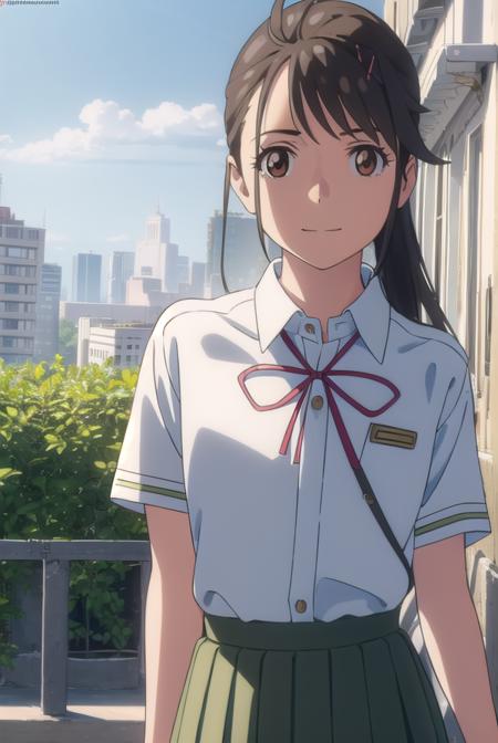 suzumeiwato, <lora:suzume iwato movie-lora-nochekaiser:1>,
suzume iwato, long hair, black hair, hair ornament, (brown eyes:1.5), hairclip, ponytail, smile,
BREAK skirt, shirt, ribbon, school uniform, white shirt, red ribbon, green skirt, long skirt,
BREAK outdoors, sky, day, cloud, sun,
BREAK looking at viewer, (cowboy shot:1.5),
BREAK <lyco:GoodHands-beta2:1>, (masterpiece:1.2), best quality, high resolution, unity 8k wallpaper, (illustration:0.8), (beautiful detailed eyes:1.6), extremely detailed face, perfect lighting, extremely detailed CG, (perfect hands, perfect anatomy),