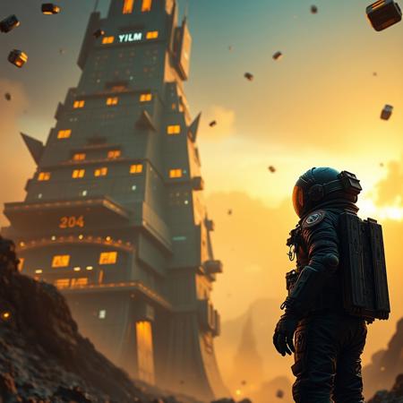 A cinematic shot of an undead lich astronaut in a vibrant metallic black spacesuit standing in the foreground, with a massive, ziggurat spacestation as the backdrop. The spacestation is adorned with numerous lights, windows, and technical details. The astronaut's suit is equipped with various gadgets and patches. The atmosphere is filled with floating debris and a hazy golden glow