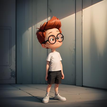 ((masterpiece, best quality)),(complex light), 1boy, full body, solo,child, sherman,red hair,glasses, <lora:sherman_mr_peabody1-10:0.6>,white shirt, black shorts,