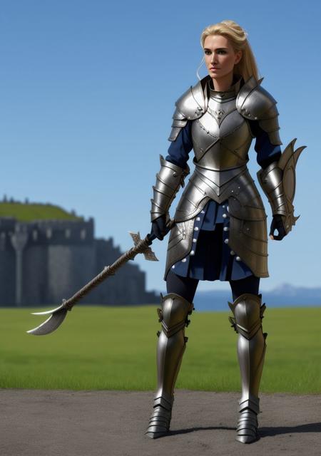 <lora:Female_Halberd-10:0.7> woman, girl, 1girl, 1woman, armor, plate armor, heavy armor, halberd, wielding halberd, holding halberd, halberd in hand, blonde, castle, fantasy, castle exterior, blue sky, worried, worried expression, human, knight, halberdier, ewd skirt, shield, round shield, plate greaves, plate shoulderguards, plate shoulderpads