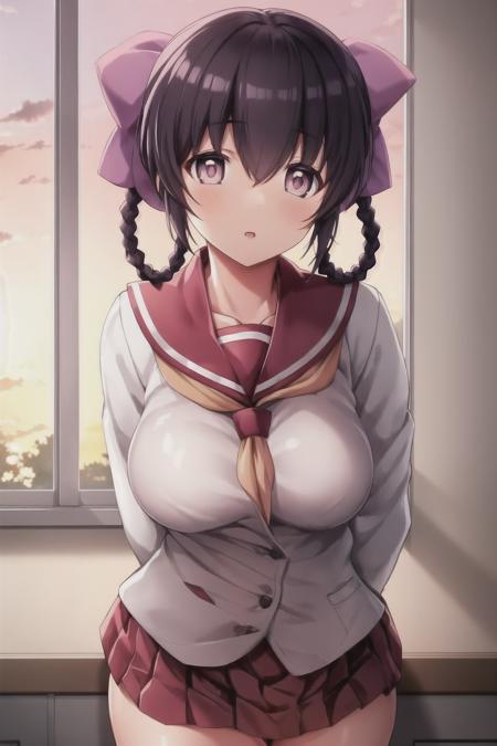 (ayakuwa tenri), (white pupils), (large breasts), wide hips, school uniform, twin braids, looking at viewer, standing, classroom, sunset, window, <lora:Ayukawa Tenri V1:0.6>