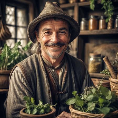 highly detailed documentary photo of herbalist,

 solo, looking at viewer, smile, long sleeves, 1boy, hat, grey hair, male focus, blurry, facial hair, plant, mustache, basket, old, old man, wrinkled skin,

medieval shop,

masterpiece, best quality:1.1, 

ultra photoreal,
photorealistic:1.0, 
sharp focus:1.1, 
depth of field:1.1, 
god rays:1.4,

50mm, style of Nathan Wirth, Hasselblad X1D II, Porta 160,
