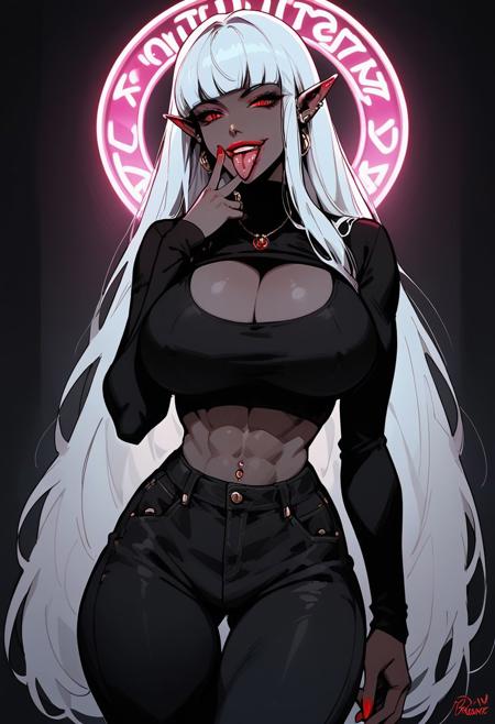 score_9, score_8_up, score_7_up,  1girl, solo , drow, ((dark grey skin)), red eyes, pointy ears,  tomboy, hime cut, (white hair), large breasts, huge breasts, growing breasts, thick legs, thick thighs, thick ass, curvy ass, large ass, large hips, massive breasts, lipstick, lips, curvy, narrow waist, toned, cleavage, wide hips, breasts, (Voluptuous body, huge breasts, thick thighs) smooth colouring, smooth lines, feminine,abs, white sleeveless turtleneck, looking at viewer, close up ,  ,,,  neon city, neon signs,  (close up:1.3),  ,flirty, smirk, (big lips:0.7), neon, g0thicPXL,  red nails,
 cunnilingus gesture, v ,tongue out, tongue piercing
