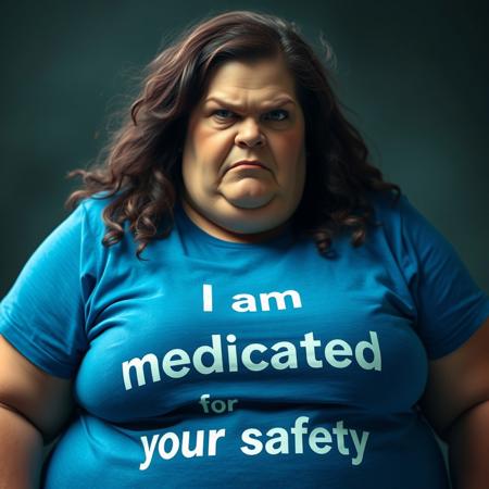 a scary looking large woman wears a blue tshirt that reads "I am medicated   for your safety."