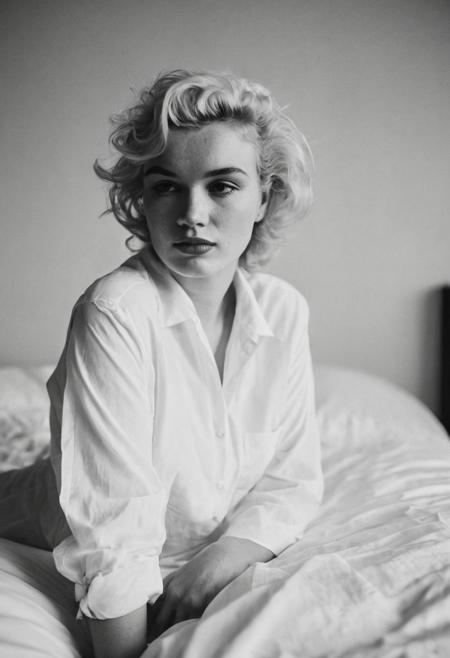 high-contrast monochrome palette, subtle grain, timeless feeling, cinematic quality, modern art photograph, Marylin Monroe sitting on a bed, lazy Sunday morning, bedhead, white shirt