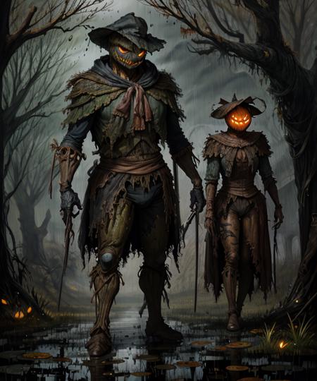 wjqautom scarecrow soldier, swamp, rain, <lora:wjqautom-13:1>