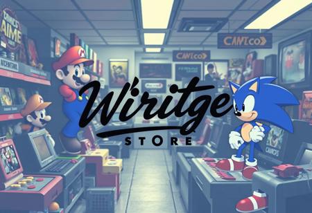 LOGO WRITE cintage video game store mario sonic lot of video ame in background