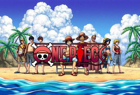 logo ps1 in visual and team of anime one piece whit world of this anilme in bckground