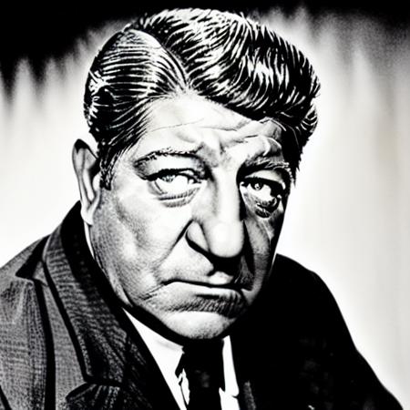 Portrait of Jean Gabin, 1950s French movie star, in the style of Studio Harcourt, black and white, high-contrast lighting, classic elegant pose, vintage suit, charismatic expression, film noir aesthetics, detailed texture, 4K resolution <lora:jeangabin-15:1>