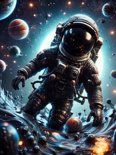 a surreal scene of a astronaut floating in space, with planets and stars also in ral-fittingfoam, dynamic, cinematic, masterpiece, intricate. Cyber aesthetic <lora:ral-blacklight-sdxl:1> ral-blacklight