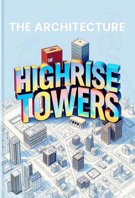 Create a book cover called ("The Architecture of Highrise Towers"), the letters of the title are 3D in the shape of highrise buildings overlooking a sketch plan of a city in USA viewed from an isometric high angle, each word is a seperated 3D building with the letters stacked on top of each other, the ("THE") is a building, ("ARCHITECTURE") is a taller building, ("OF HIGHRISE TOWERS") is another all building with the letters stacked vertically on top of each other to form the shape of the building.
 The book cover has vivid colors with a color metallic and blue color pallette very well rendered and extremely detailed, at the bottom are the name of the author ("Arch. Konrad King) written in a architectural sketch font.