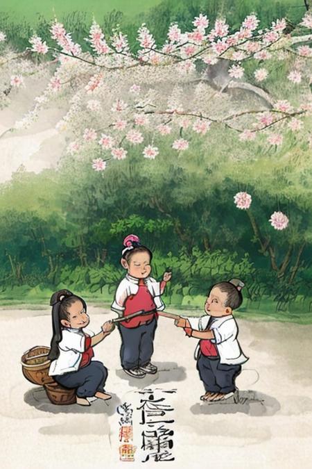 high quality,6+girls are playing  in a chinese painting style,