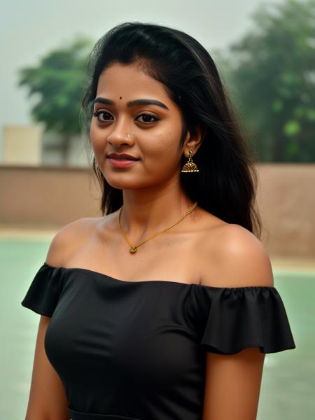 GayathrieShankar,<lora:GayathrieShankarSD1.5:1>,Best quality, masterpiece, ultra high res, (photorealistic:1.4), raw photo,1girl, solo, realistic, looking at viewer, upper body,simple background, black dress, off shoulder