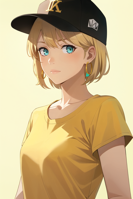 masterpiece, best quality, 1girl, aqua eyes, baseball cap, blonde hair, closed mouth, earrings, green background, hat, hoop earrings, jewelry, looking at viewer, shirt, short hair, simple background, solo, upper body, yellow shirt
<lora:western_animation_style:1>