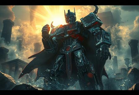 Ice Knight in an iron cage, surrounded by smoke and crepuscular rays, with a water torrent background; action shot featuring Optimus Prime and ancient ruins, enhanced for smartphone photography, 4K resolution, dynamic pose, intentional focus, captivating lighting, vivid emotions, and trending on Artstation. Additionally, the image features a red aura, unreal engine 5, cinematic composition, 8k resolution, detailed oil painting, environment concept art, handcrafted precision, lifelike details, splash ink illustration, and houdini style.