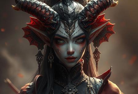 "Create a highly detailed, cinematic 8k character concept art of a female djinn-woman-demon hybrid, inspired by Xia Gui and Guan Daosheng, with two pointed ears, sekiro-inspired details, and skeksis elements. The character should be dressed, and have a hyper-realistic, epic lighting composition. This piece should reflect the golden ratio, and be trending-worthy on Artstation."