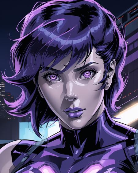 motoko kusanagi, masterpiece, best quality, detailed face close up, glow eyes, cyber face, (daytime, outdoors, harsh lighting), western comic book style, detailed intricate linework