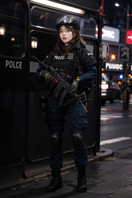 ruanyi0299,baseball cap,belt,boots,bulletproof vest,police uniform,holding weapon,h&k mp5,1boy,helmet,holding shield,submachine gun,shield,1girl,