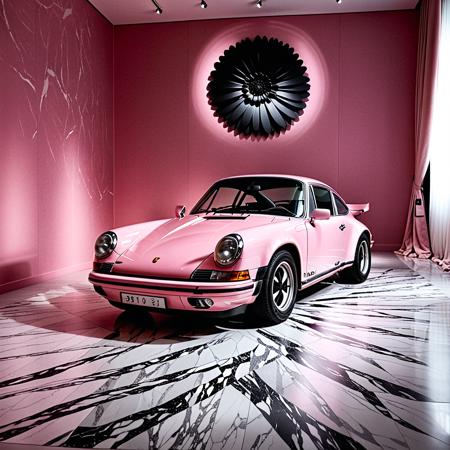 professional detailed photography, a pink porsche car with dark flower pattern in a room with a pink wall,gallery,1974 porsche 911,2019,in style of juergen teller,inspired by Hendrick van Balen,museum lighting,exhibition,minimalism,delicate pink color,unsaturated colors,photo,extensive space,dezeen showroom,highly detailed-h 704,finely detailed car,marble skin,8k high quality detailed,remote frame,exhibition hall,aesthetic,dark color print on the car,many shadows,cinematic deep shadows,pastel_color,light exposure background,curtains background,background lighting,shaded glass,deep not sharp shadows throughout the car,vintage photography,noise,warm light,frosted floor,black glass,, (muted colors, dim colors, soothing tones), (vsco:0.3)