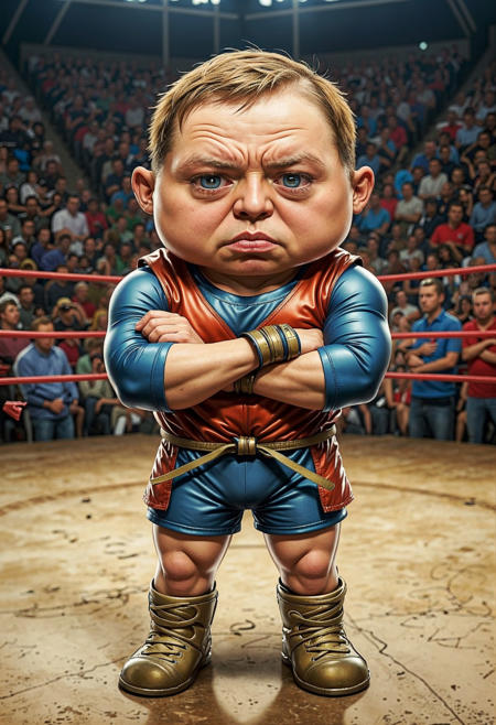 Close-up comic book illustration fullbody Of a chibi wichtel, looking grumpy into the viewer, Wrestler's uniform, crossed arms, masterpiece by (sorserob:1.36), 4k textures, ultra detailed