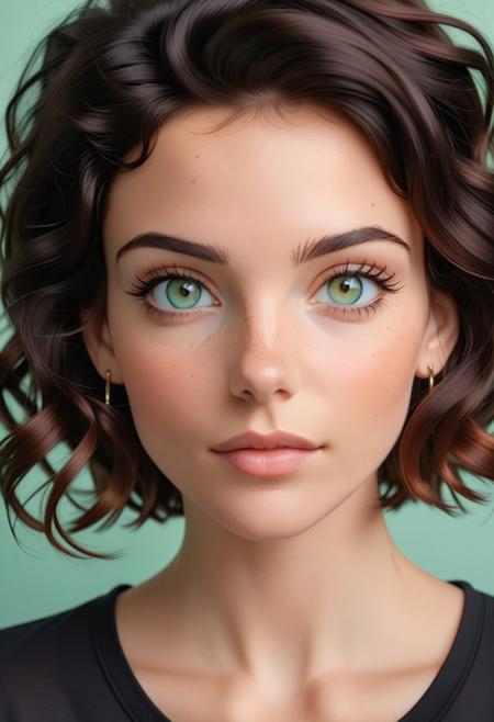 closeup portrait of a stunning lady, neutral expresson, black t-shirt, expressive eyes, mint background.
fionalev