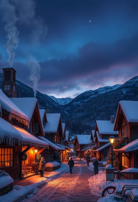 A quaint, snow-covered village nestled in the mountains at twilight. Smoke curls up from chimneys, and warm lights glow in the windows of cozy cottages with steep, snow-covered roofs. Icicles hang from the eaves, and snowflakes drift gently through the air. A few villagers wrapped in scarves and coats walk along the cobblestone streets, and festive decorations line the lamp posts. The sky is a mix of deep blue and purple, with the first stars beginning to twinkle. The entire scene radiates warmth and tranquility despite the chilly setting.