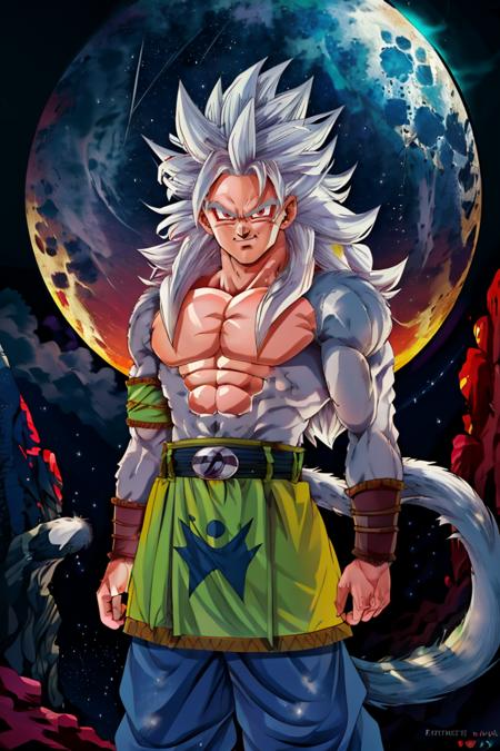 Super_Saiyan_5_Goku, 1boy, male focus, (white fur:1), red eyes, tail, white hair