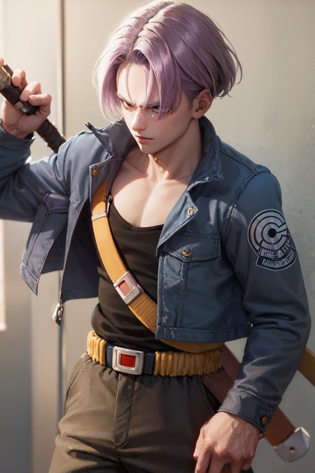 (masterpiece, best quality:1.2), <lora:dbz_trunks-10:1>, cowboy shot, solo, male focus, 1boy, trunks \(dragon ball\), serious, closed mouth, purple hair, blue eyes, jacket, shirt, pants, sword