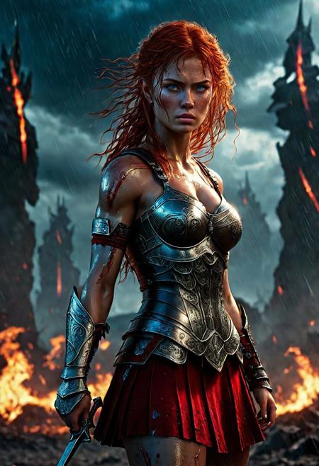 Ultra detailed digital art masterpiece Warrior girl dressed in a iron Armor and red mini skirt, Standing on a battlefield at the head of an army of knights, where a bloody slaughter is taking place, standing in battle pose, a dark epic fantasy, perfect lighting, beautiful Sadie Sink as Warrior girl, attractive woman, elegant, beautiful woman of athletic body, shot of the whole Warrior girl, unreal engine 5 nanite quality, dark fantasy, dark environment, very stormy day, LOTR style, dark washed out eyeliner, no make up, natural bloody pale face, realistic blue eyes, ultra detailed atmospheric details, beautiful glowing effects, sparkle effects, realistic body proportions, beautiful face proportions, complex masterpiece, wavy red hair, creative glowing detailed tattoos, complex physics, enhanced colors, complimentary colors, ultra detailed raytracing reflections, Ultra detailed complex background, environment feels alive, direct eye contact, dramatic lighting, wet and sweaty skin, beautiful firm Breasts, Daylight, Concept art by Greg Rutkowski, adding to the intense and dynamic atmosphere of the scene.
