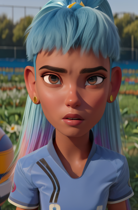 grewod,long hair,earrings,ponytail,multicolored hair,
blue shirt,shorts,sportswear,brown eyes, 8, 
standing,upper body,
science fiction,morning,field,serious,
(insanely detailed, beautiful detailed face,beautiful detailed eyes, masterpiece, best quality),<lora:greenwood:0.8>,