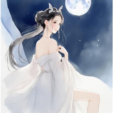 linewatercolor,qingqududou,1girl, moon, jewelry, black hair, earrings, butterfly, long hair, solo, full moon, hair ornament, night, single hair bun, hair bun, holding, long sleeves, moonlight, see-through, bridal veil, curtains, tiara, bride, glowing,<lora:qingqududousdxl:0.7> <lora:linewatercolorsdxl88-000001:1>