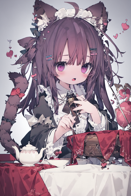 best quality, masterpiece, extremely detailed, detailed background, best quality, masterpiece, extremely detailed, detailed background, 1girl, animal ears, brown hair, tail, cat ears, solo, tail ornament, bangs, hair ornament, looking at viewer, bow, long hair, open mouth, cat tail, cat girl, white background, heart, black bow, ribbon, tail bow, symbol-shaped pupils, fang, long sleeves, pink eyes, two side up, table, tail ribbon, maid headdress, dress, animal ear fluff, hair bow, teapot, heart-shaped pupils, hairclip, simple background, blush, frills, cup