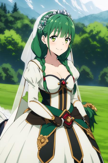 rishia <lora:rishia_ivyred:0.8>, (wedding dress:1.4), bridal veil, bridal gauntlets, wedding, green hair, green eyes, twin braids, medium breasts, beautiful face, smile, (masterpiece:1.2), best quality, absurdres, highres, extremely detailed wallpaper, perfect lighting, outdoors, grass, field, looking at viewer,