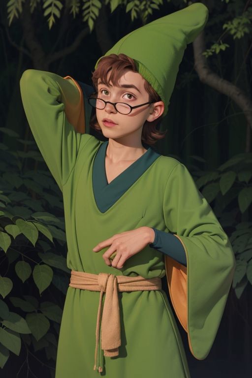 professional photo of presto, 1boy, green hat, cone hat, green robe, dark green chemise, round glasses, black glasses, det...