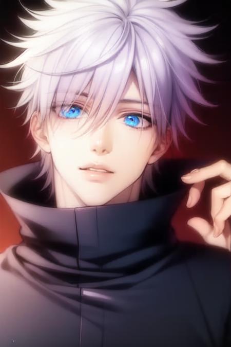 1boy, bangs, blue_eyes, cloud, gojou_satoru, hair_between_eyes, high_collar, jacket, long_sleeves, looking_at_viewer, male_focus, short_hair, solo, upper_body, white_hair