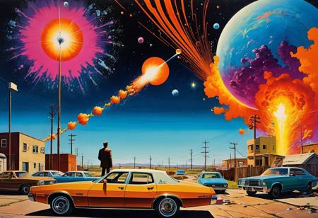 Surrealistic. (((1970s vintage pulp art))), A man is standing and looking toward an exploding galaxy. The camera angle behind man. Electricity coming out from hand. Every (car, home, animals) floating around. graffiti art, splash art, street art, spray paint, oil gouache melting, acrylic, high contrast, colorful polychromatic, ultra detailed, ultra quality, CGSociety