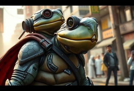 Create a highly detailed, 8K Gothic punk anthropomorphic turtle warrior hero concept art with bionic cyborg implants, superhero cape, and sharp focus on Crashbug Road. Incorporate Japanese details, biomutant elements, and a modern anime style reminiscent of Masayoshi Suto, Artgerm, Eiichiro Oda, and Koyoharu Gotouge. Ensure a biopunk and cyberpunk aesthetic blend, suitable for a product showcase or SD video, with intricate, lifelike details, and a Vogue-inspired, high-fashion flair.