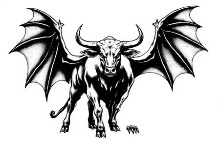 fantasy, ink art, comic style art, bull is standing with four feet, feet has claws, bat wings