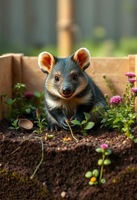 a cute tasmanian devil is gardening. tasmanian devil is a inside a cross section model diorama of a garden, the camera is pointed down at a 45 degree angle.  highly expressive reactions.